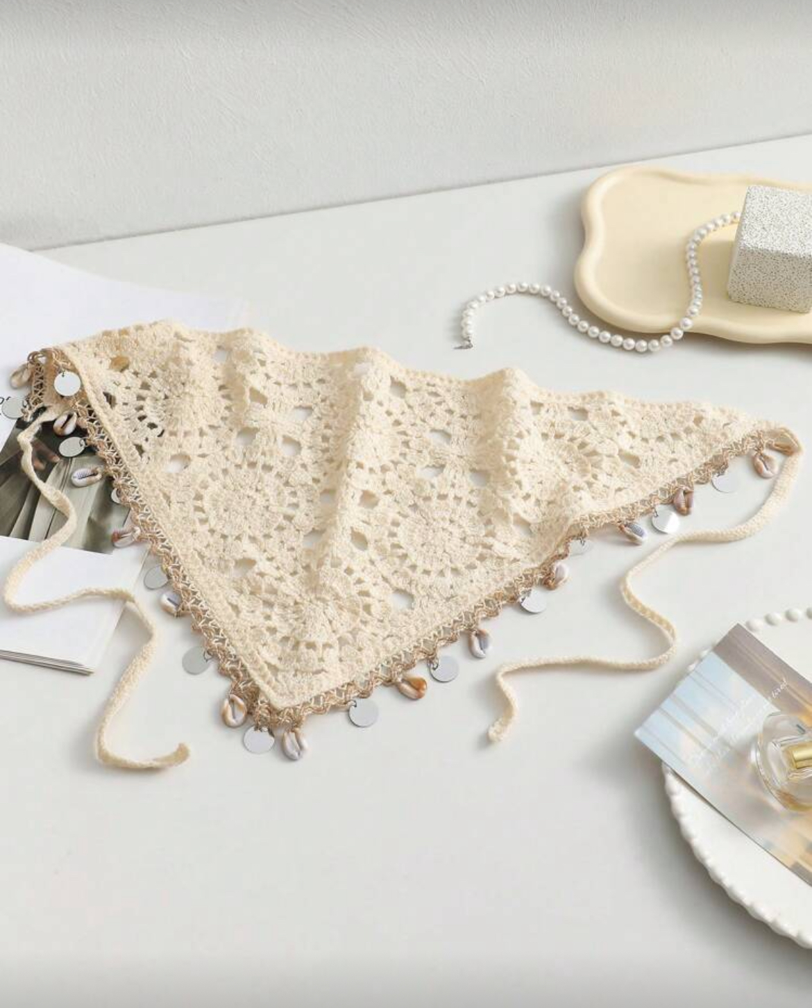 Women Beige Floral & Seashell Tassels Knit Hollow Lace Headband image 2