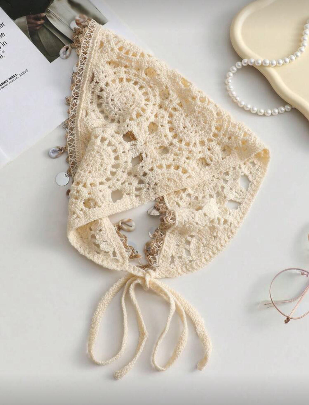 Women Beige Floral & Seashell Tassels Knit Hollow Lace Headband image 3