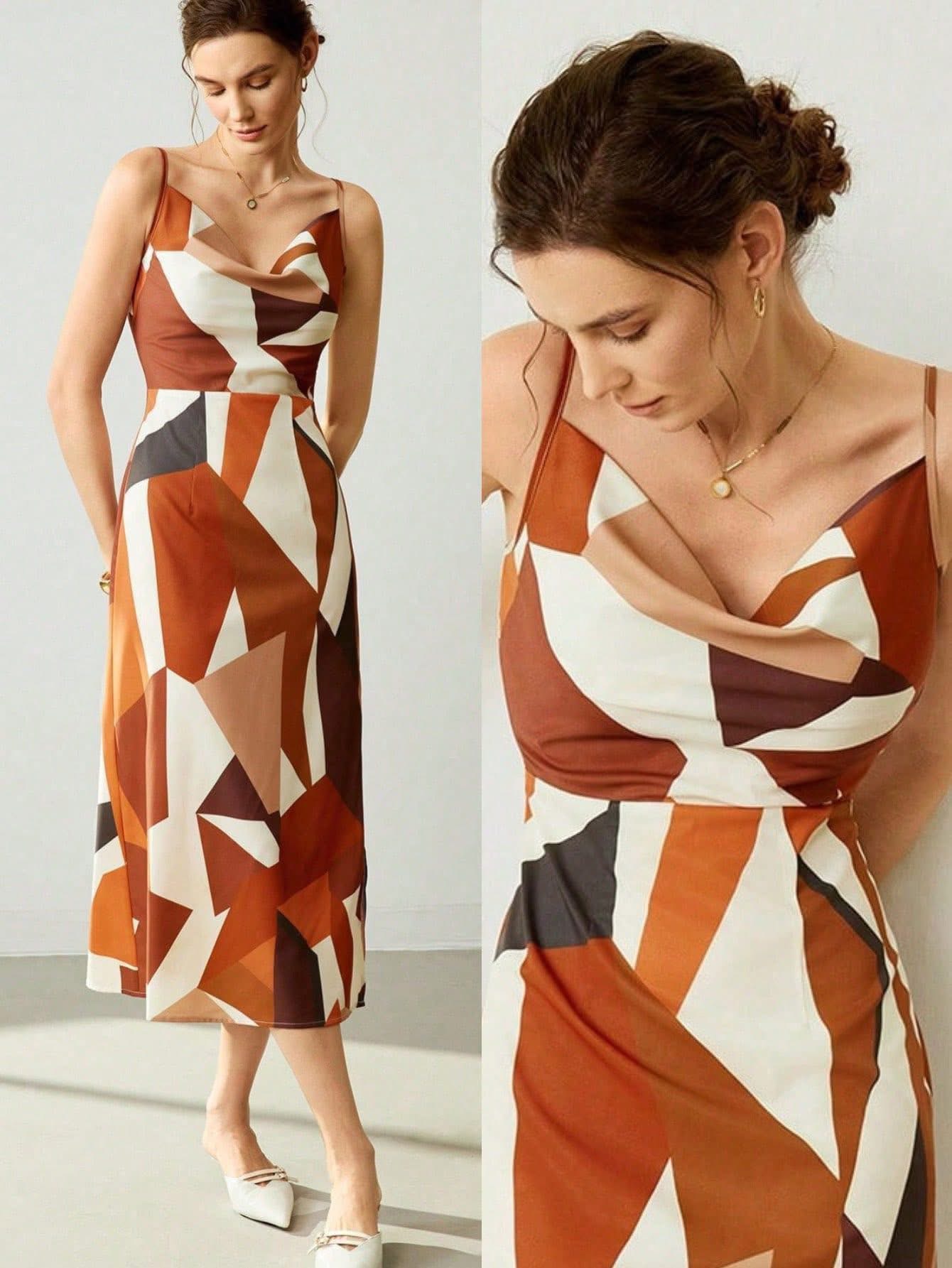 [SHEIN] Multicolor draped neck slit dress