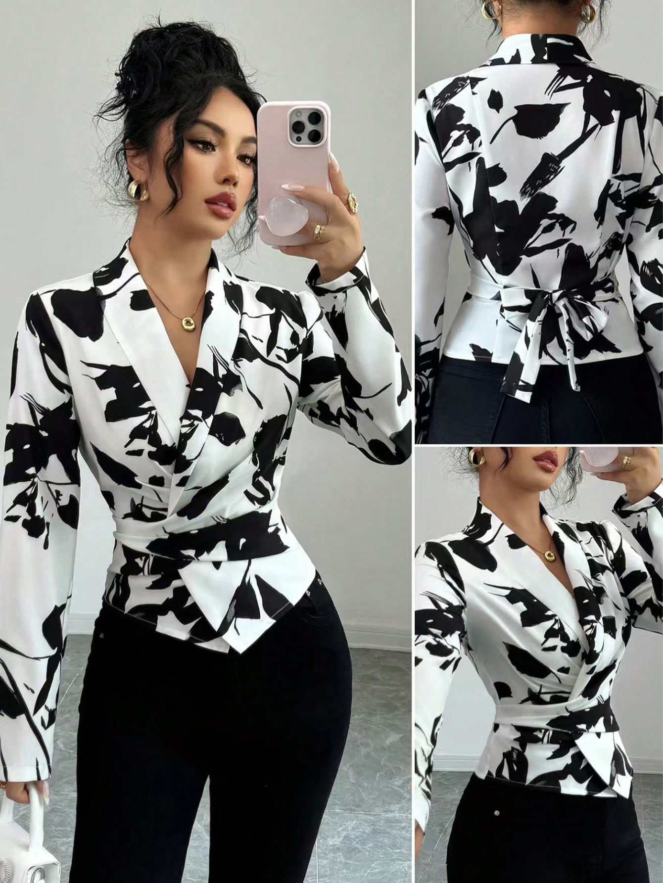 Shein Floral print belted shirt